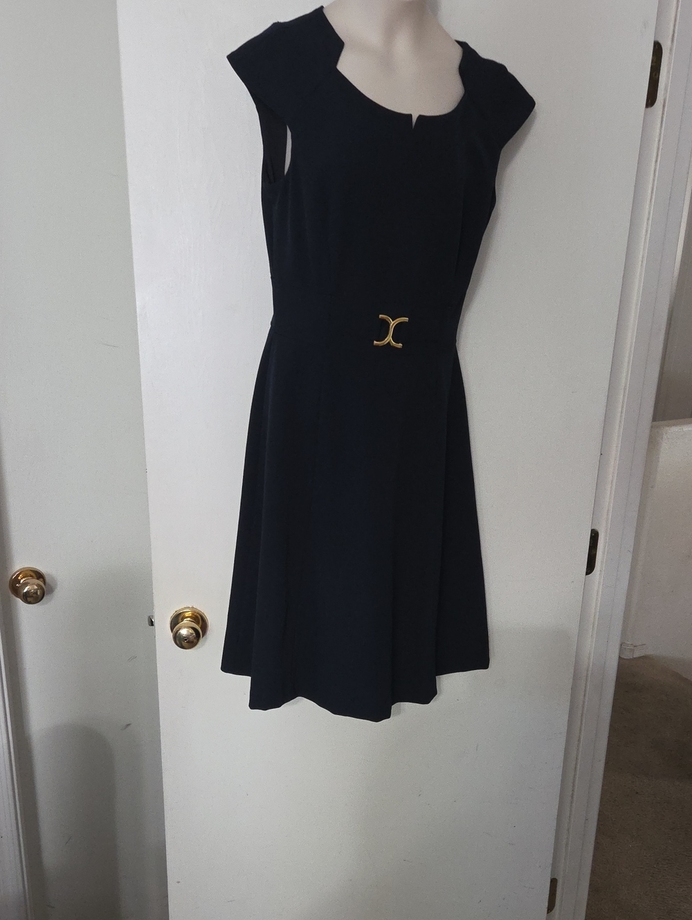 Elegant Navy Blue Midi Dress with Gold Waist Detail